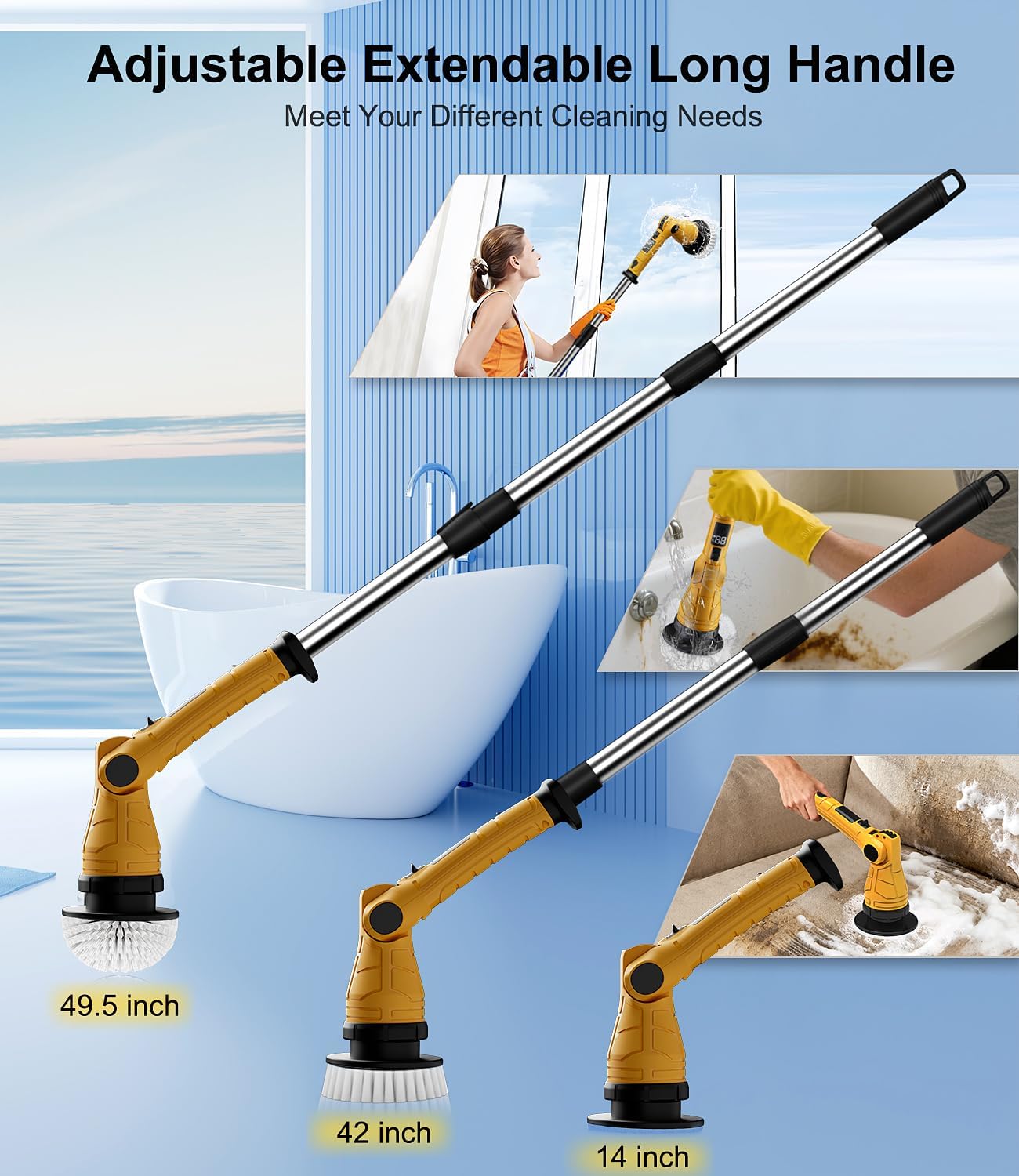 Electric Spin Scrubber with 8 Replaceable Brush Heads 6 Adjustable Angle Waterproof LED Display Cordless Cleaning Brush Supplies Bathroom Cleaner Set Long Handle Power Scrubber for Shower Floor Tub