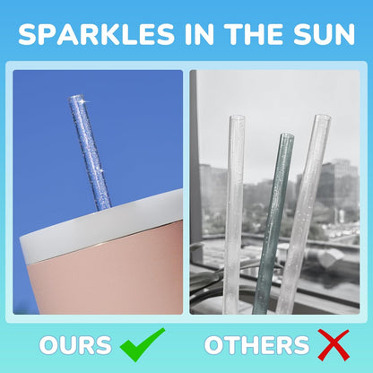 NiHome 12-Pack Glitter Replacement Straws for Stanley Tumbler 40OZ & 2 Cleaning Brushes Set, 12" Length BPA-Free Durable PETG Material for Various Beverages & Cups, Adds Sparkle to Your Drinks (Clear)