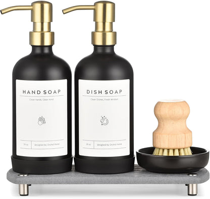 [Luxury] Kitchen Soap Dispenser Set - 16OZ Amber Glass Bottle, Stainless Steel Pump, Instant Dry Tray, Waterproof Labels, Non-Slip Silicone Pad, and Dish Brush | Upgrade for Your Kitchen and Bathroom