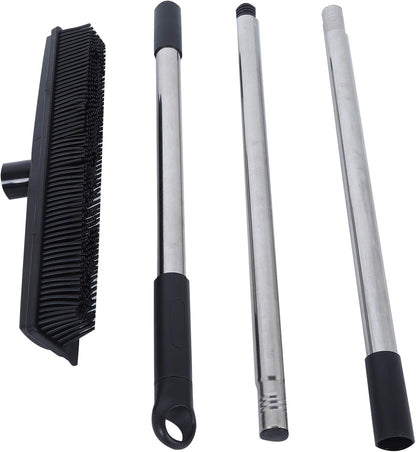 Telescopic Rubber Broom with Squeegee, Multifunction Adjustable Pet Hair Removal Carpet Rake for Fluff Rug Hardwood Floor (Black)