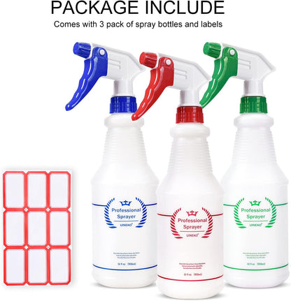 Uineko Plastic Spray Bottle (3 Pack, 24 Oz, 3 Colors) Heavy Duty All-Purpose Empty Spraying Leak Proof Mist Water Bottles for Cleaning Solutions Plants Essential Oils Hair Pet with Adjustable Nozzle