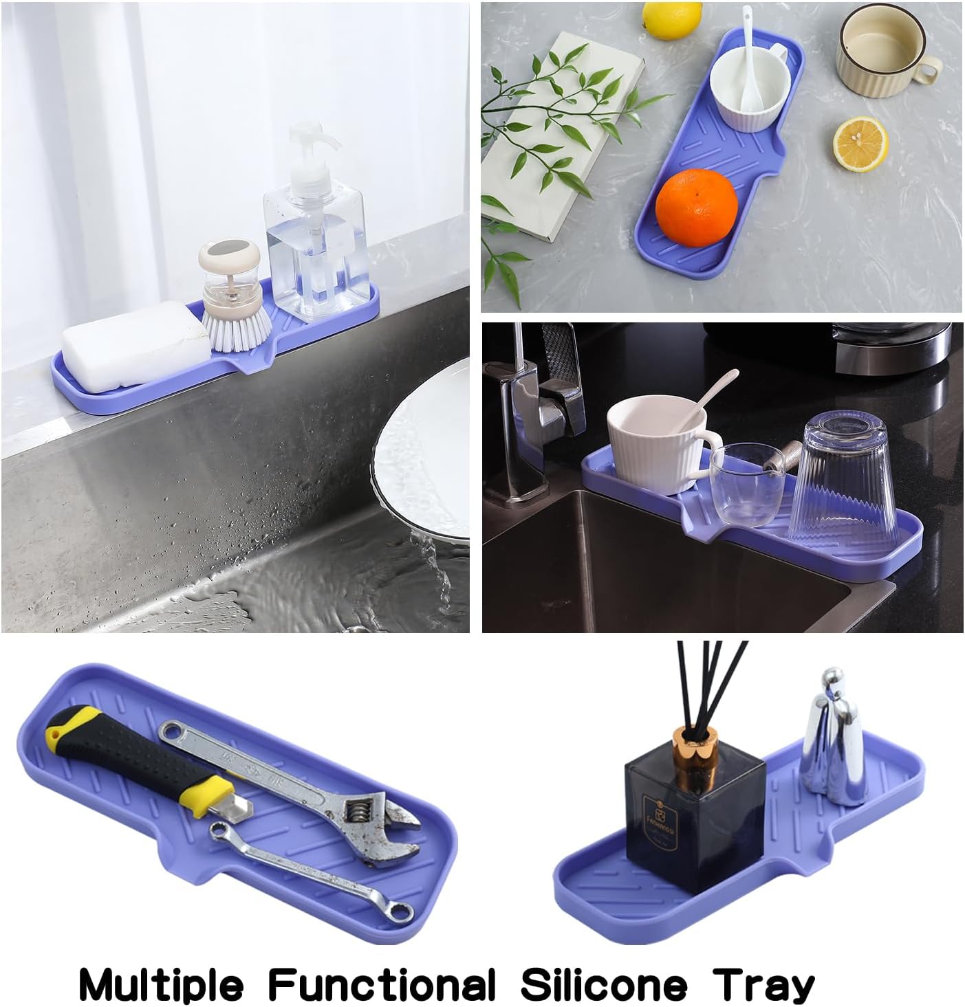 MicoYang Silicone Bathroom Soap Dishes with Drain Spout-Bathroom and Kitchen Sink Organizer,Sponge Holder,Dish Soap Tray,Perfect for Dispenser,Scrubber,Bottle,Cup on Sink or Counter-Black 4.9"×3.2"
