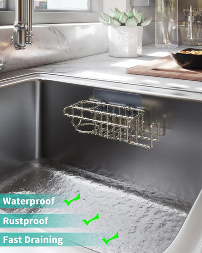 HapiRm 4 in 1 Kitchen Organizers and Storage, SUS304 Stainless Steel Brush Holder + Dish Cloth Hanger + Soap Rack + Sink Stopper Rack, No Drill Kitchen Essentials - Black