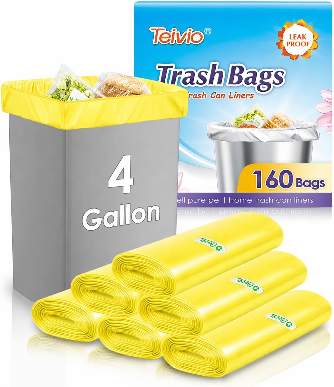 Teivio Small Trash Bags 4 Gallon 120 Counts Garbage Bags, Bathroom Trash Can Bin Liners, Small Plastic Bags for home office kitchen, fit 12-15 Liter, 3,3.5,4.5 Gal, Clear