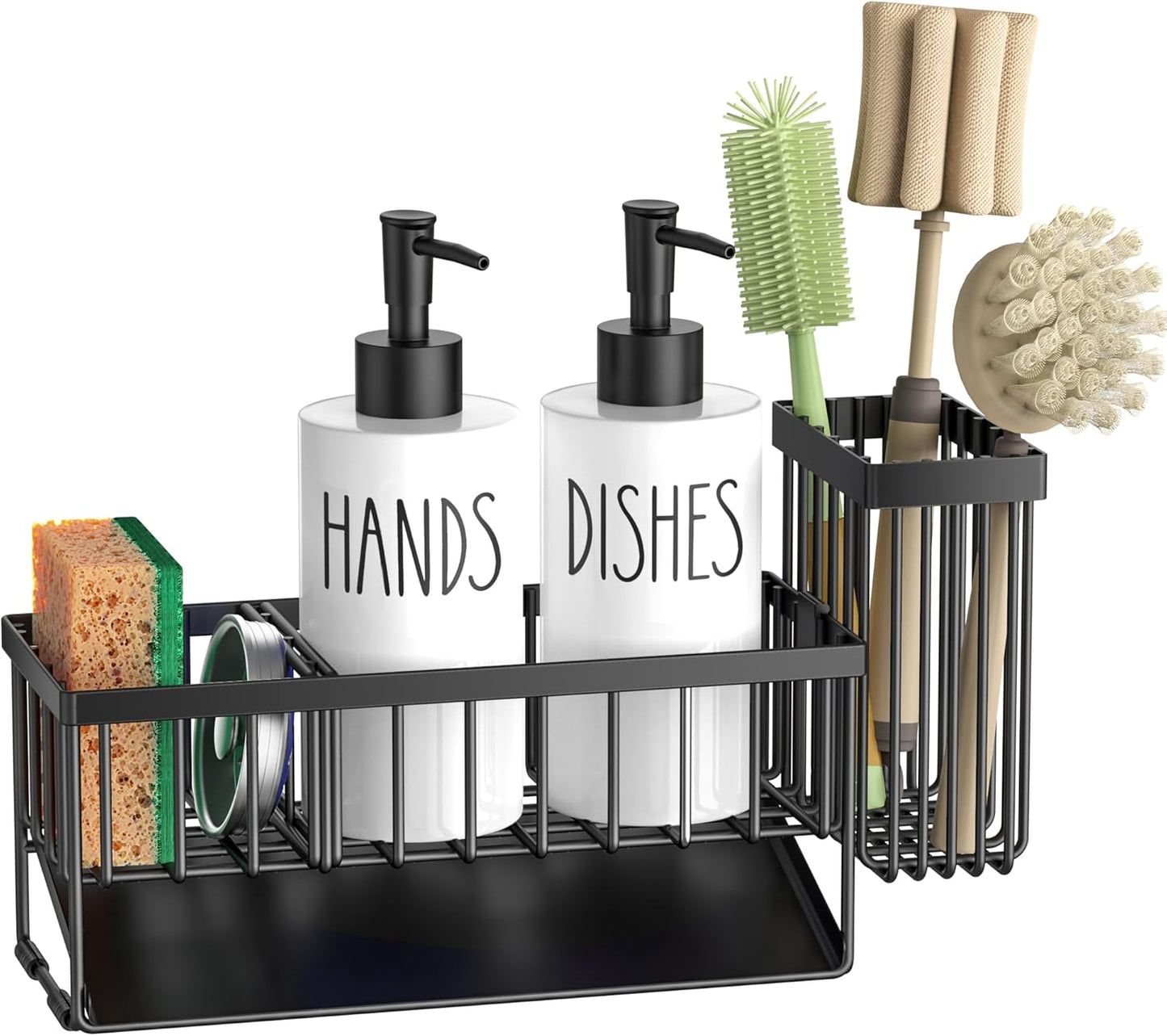 MASADI Kitchen Sink Caddy with Dish Soap Dispenser Set, 12OZ Glass Bottle, Hand and Dish Soap Dispenser Set, Non-Slip Silicone Pad, Brush Holder, Kitchen Sink Organizer Countertop (Black+Clear)