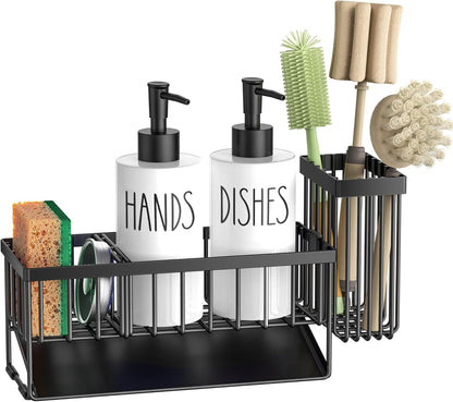 MASADI Kitchen Sink Caddy with Dish Soap Dispenser Set, 12OZ Glass Bottle, Hand and Dish Soap Dispenser Set, Non-Slip Silicone Pad, Brush Holder, Kitchen Sink Organizer Countertop (Black+Clear)