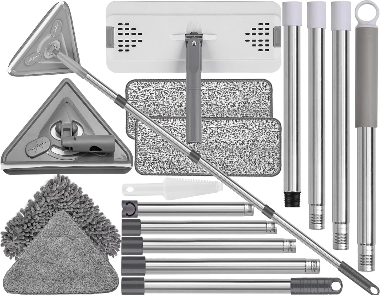 Mops for Floor Cleaning with 57" Long Handle, Scrub Brush, Wall Cleaner Mop with 84'' Long Handle, 2 Reusable Pads, Wet and Dust Mopping for Hardwood, Laminate, Tile Floor, Wall, Ceiling, 19Pcs Gray