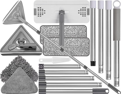 Mops for Floor Cleaning with 57" Long Handle, Scrub Brush, Wall Cleaner Mop with 84'' Long Handle, 2 Reusable Pads, Wet and Dust Mopping for Hardwood, Laminate, Tile Floor, Wall, Ceiling, 19Pcs Gray