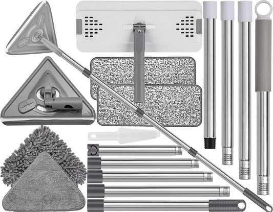 Mops for Floor Cleaning with 57" Long Handle, Scrub Brush, Wall Cleaner Mop with 84'' Long Handle, 2 Reusable Pads, Wet and Dust Mopping for Hardwood, Laminate, Tile Floor, Wall, Ceiling, 19Pcs Gray
