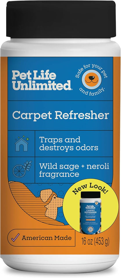 Pet Life Unlimited Carpet Deodorizer Powder, 16 oz, Strong Pet Odor Eliminator & Carpet Freshener, Plant-Based Juniper Leaf Scent, Pet Safe (Pack of 3)
