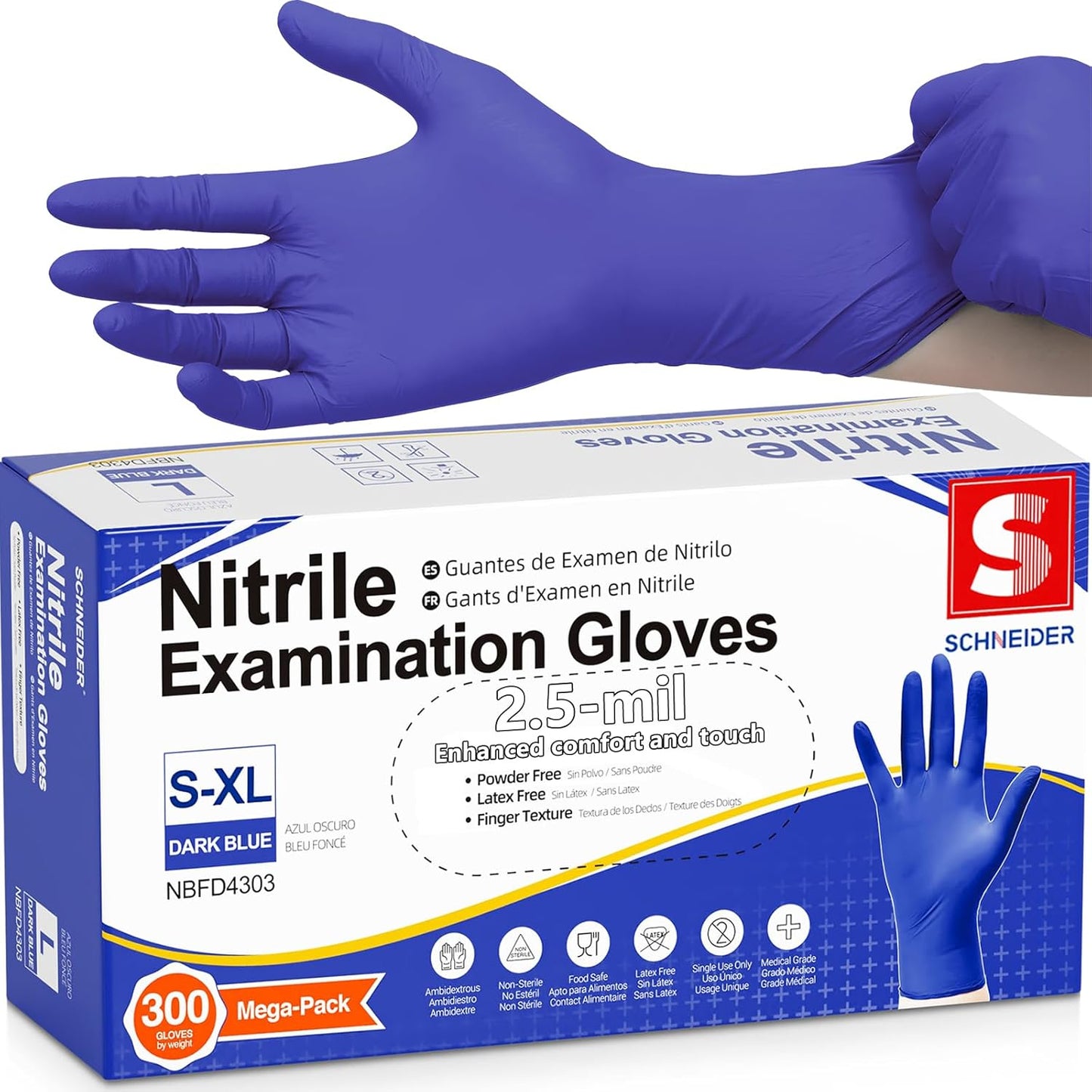 Schneider Nitrile Exam Gloves, Dark Blue, Disposable Gloves, Latex-Free, Powder-Free, Food Safe for, Cooking, Household Use