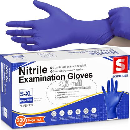 Schneider Nitrile Exam Gloves, Dark Blue, Disposable Gloves, Latex-Free, Powder-Free, Food Safe for, Cooking, Household Use