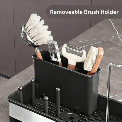 Sink Caddy, Stainless Steel Sink Caddy with Brush Holder, Kitchen Sink Caddy Dishcloth Rack and Holds Soap Dispenser, Sink Organizer Auto-Drain Rustproof Countertop Organizer (White)