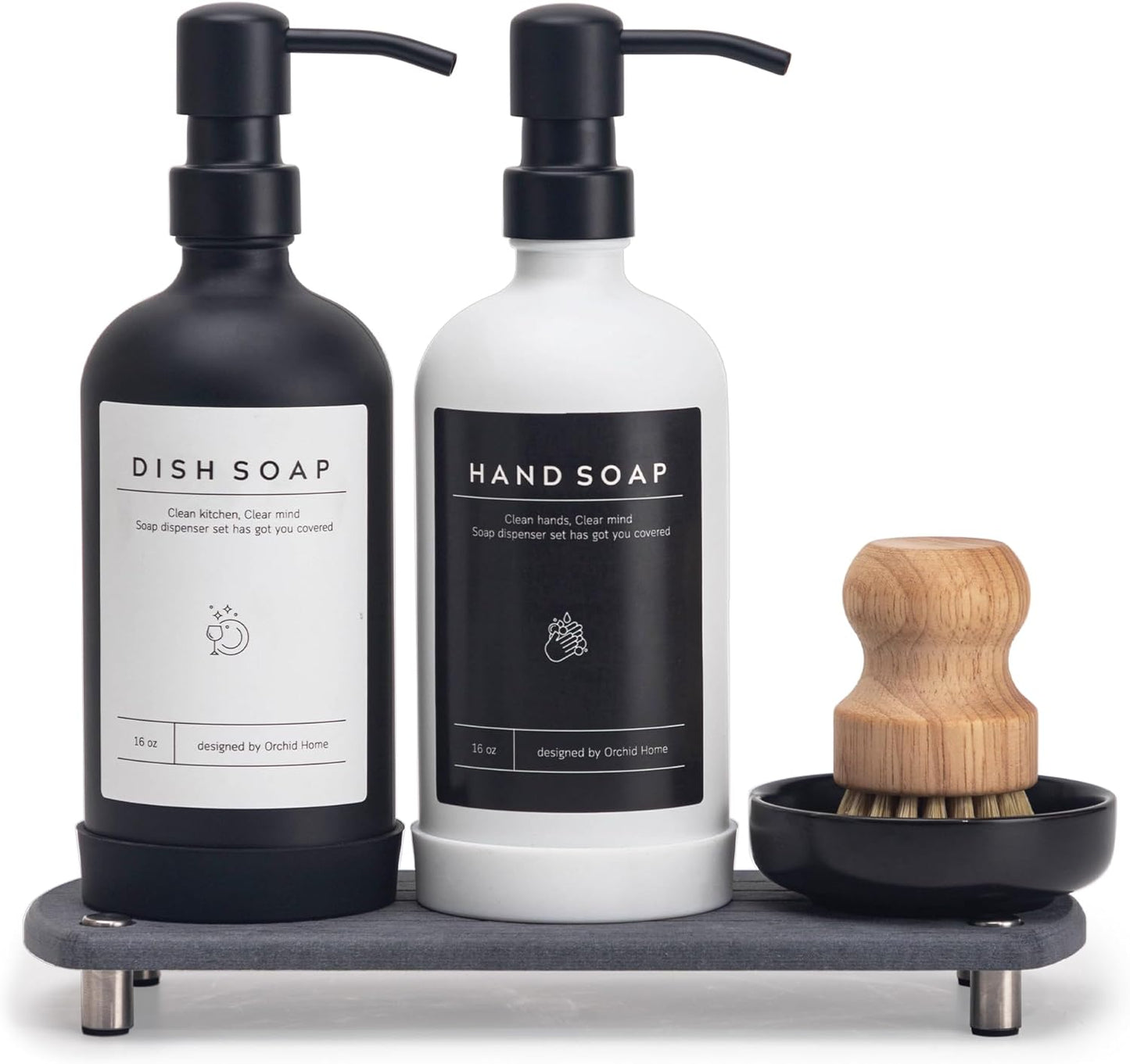 [Luxury] Kitchen Soap Dispenser Set - 16OZ Amber Glass Bottle, Stainless Steel Pump, Instant Dry Tray, Waterproof Labels, Non-Slip Silicone Pad, and Dish Brush | Upgrade for Your Kitchen and Bathroom