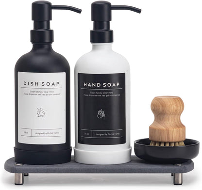 [Luxury] Kitchen Soap Dispenser Set - 16OZ Amber Glass Bottle, Stainless Steel Pump, Instant Dry Tray, Waterproof Labels, Non-Slip Silicone Pad, and Dish Brush | Upgrade for Your Kitchen and Bathroom