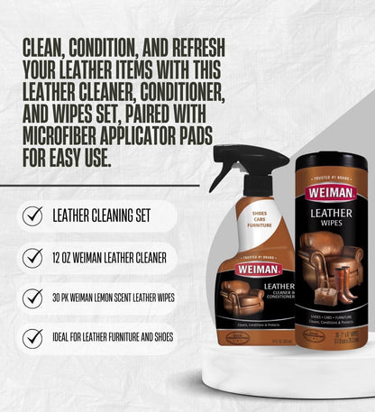Weiman Leather Cleaner and Conditioner Couch 12 oz Liquid Bundle with Leather Wipes + Microfiber Towel – Cleans, Moisturizes, and Protects Surfaces from UV Damage – Gift Set (3 Items)