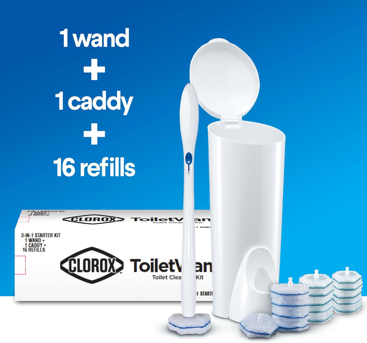 Clorox ToiletWand Disposable Toilet Cleaning System, Spring Cleaning Essential, ToiletWand, Storage Caddy, and 16 Disinfecting ToiletWand Scrubbing Pad Refills