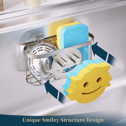 Consumest Sponge Holder Sink Caddy - Ladder Shaped Sponge Holder for Kitchen Sink with 2 Installation Ways (Suction Cups & Adhesive Hook), Rustproof Stainless Steel Kitchen Organizer, Silver