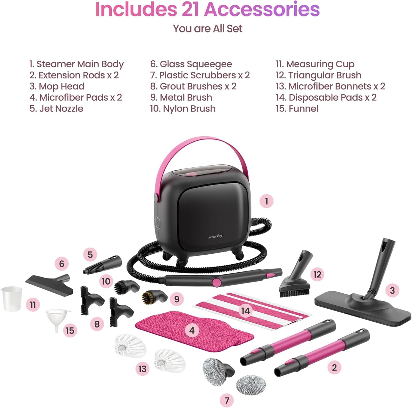 Schenley 21-in-1 Steam Cleaner, High-Pressure Heavy-Duty Steamer for Deep Cleaning Floors, Tiles, Upholstery, Grout, Grill and Cars, Fast Heat-Up, Large Water Tank, Multi-Purpose, Portable Design