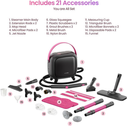 Schenley 21-in-1 Steam Cleaner, High-Pressure Heavy-Duty Steamer for Deep Cleaning Floors, Tiles, Upholstery, Grout, Grill and Cars, Fast Heat-Up, Large Water Tank, Multi-Purpose, Portable Design