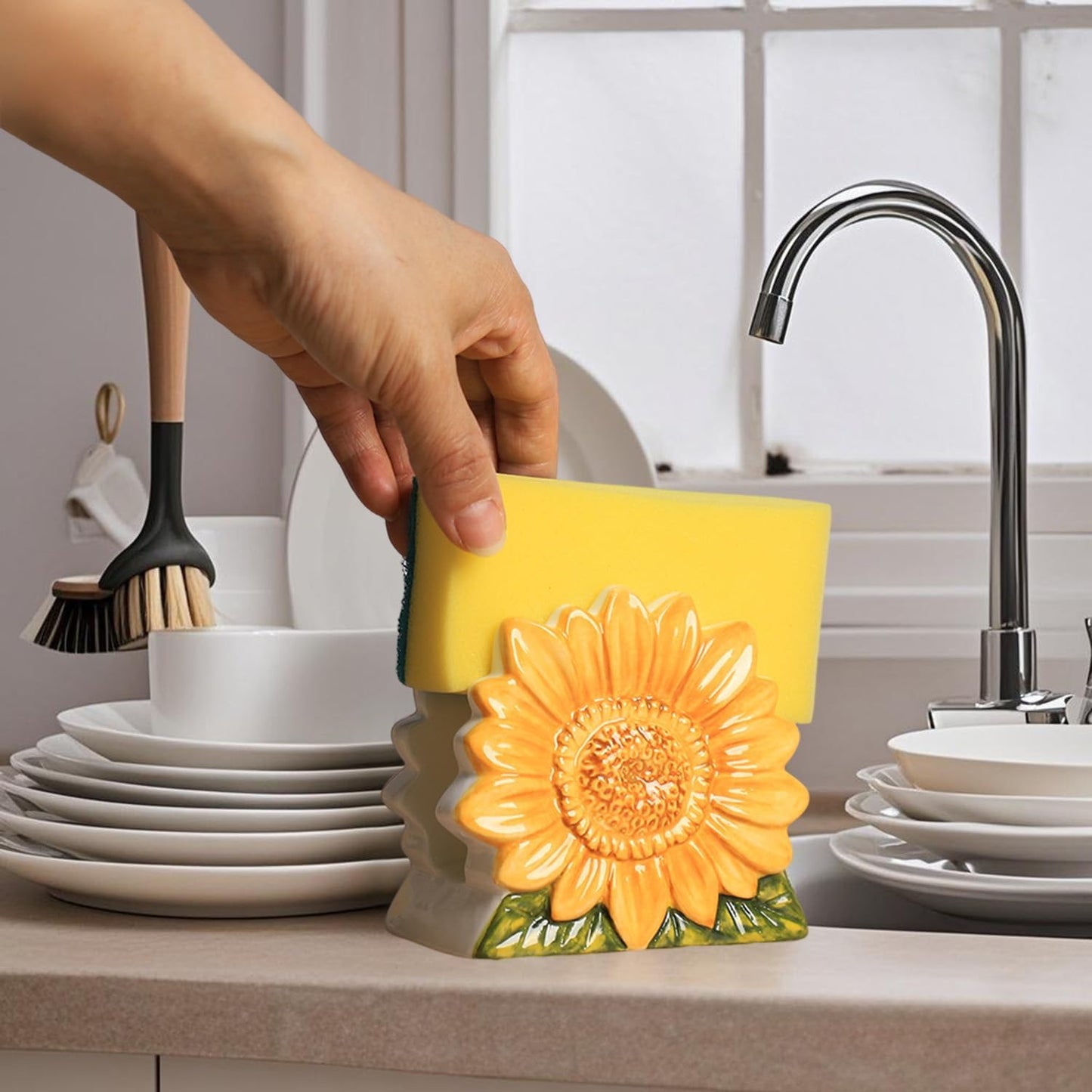Ceramic Sunflower Sponge Holder for Kitchen Sink, Compact Sink Caddy Organizer, Flower Scouring Pad and Dish Sponge Holder