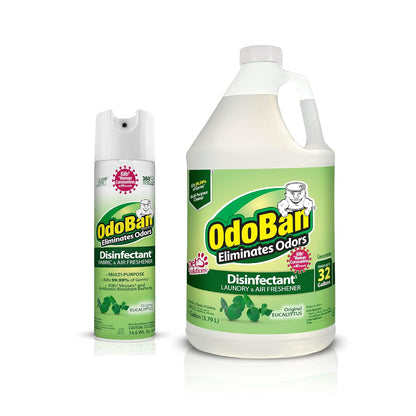 OdoBan Ready-to-Use Disinfectant and Odor Eliminator, Set of 2, 14.6 Ounce 360-Degree Continuous Spray Air Freshener and 1 Gallon Multi-Purpose Cleaning Concentrate, Original Eucalyptus Scent