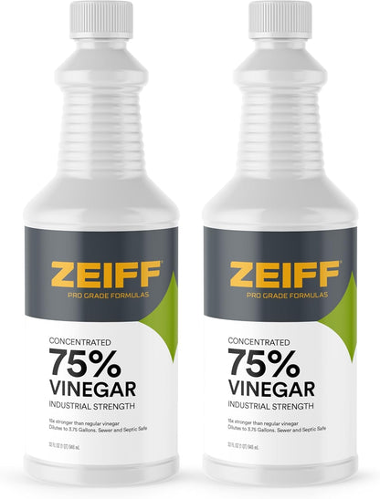 Zeiff 75% Pure Concentrated Vinegar - Technical Grade Acetic Acid Solution for Home and Outdoor Use - Cleaning Vinegar for Home & Laundry - 32 Oz, 2 Pack