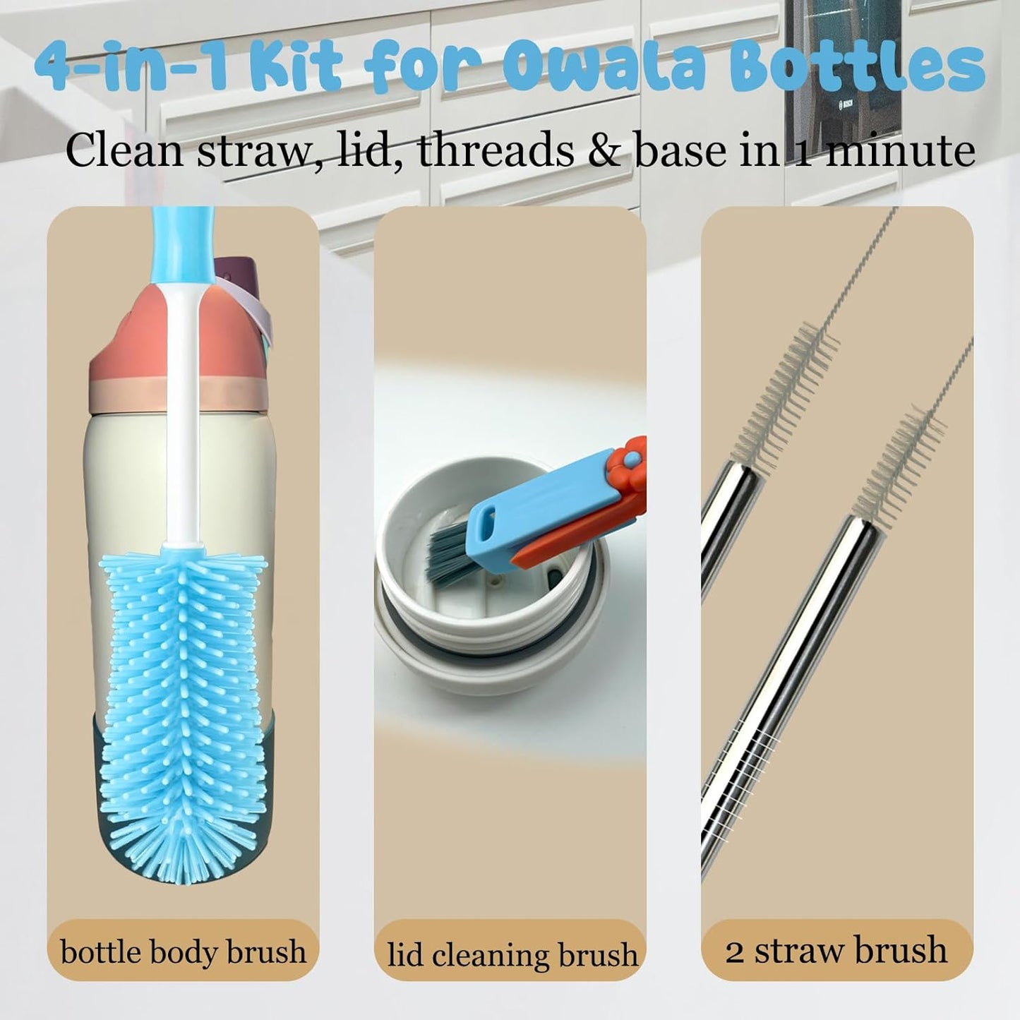 4 Pack Water Bottle Cleaning Kit Straw Cleaner Bottle Brush Cleaner for Owala FreeSip 24oz/32oz/40oz, Silicone Long Brush for Stanley, Sport Bottles, Water Bottles, Coffee Mugs
