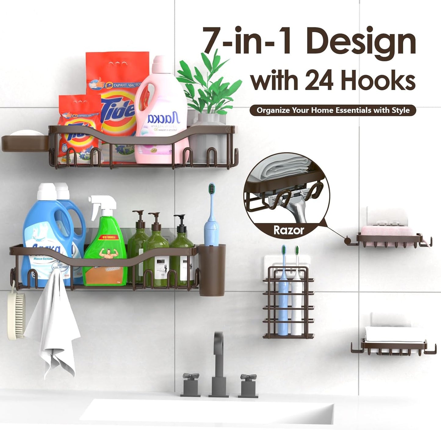 NESOMI Shower Caddy Adhesive Shower Organizer 7-Pack, Rustproof Stainless Steel Bathroom Shelves, Large Capacity No-Drill Rack Storage Accessories with Soap Dish Toothbrush Holder &24 Hooks Home Decor
