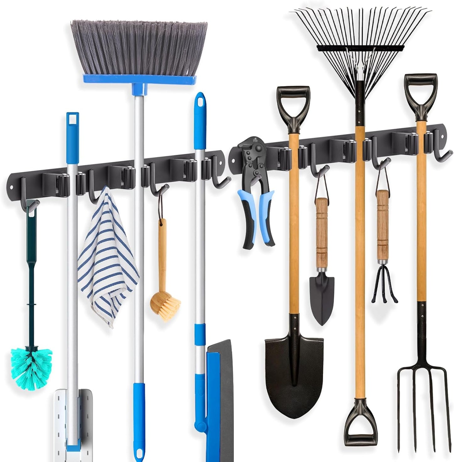 ZONGOOL 2 Pack Broom Holder Wall Mount, 4 Racks and 5 Hooks Mop Hanger Wall Mount Broom Organizer Stainless Steel Heavy Duty Garage Tool Racks for Home Kitchen Garden Laundry (Black)