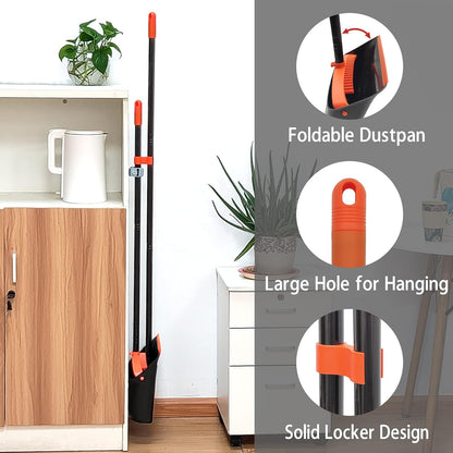 JEHONN Broom with Dustpan Combo Set, Long Handle Lightweight Indoor Broom Set, Upright Standing Dust Pan with Comb Teeth Store Sweep Set for Home Room Kitchen Office Lobby (Rose Red)
