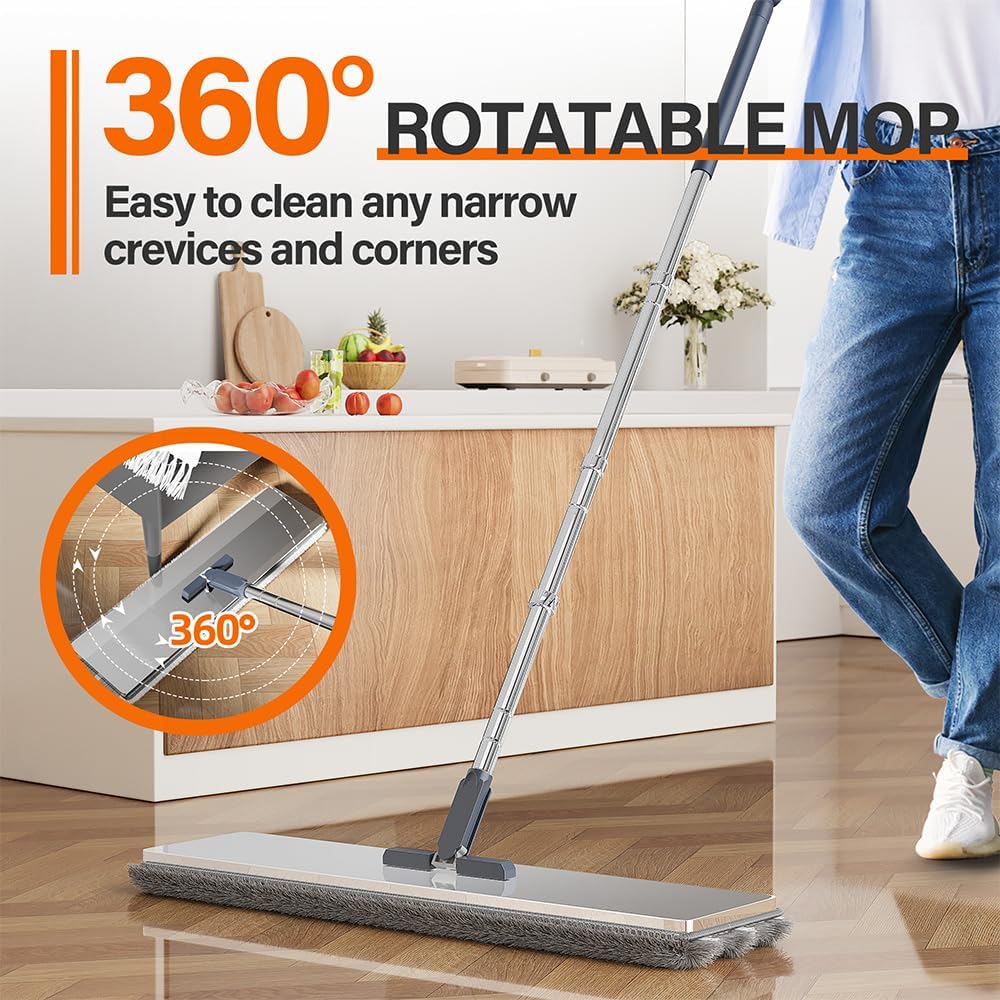 Premium Stainless Steel Microfiber Flat Mop for Floor Cleaning - 360° Pivot Head, Lightweight, Washable Pads - Includes 4 Reusable Absorbent Mop Pads (Silver)