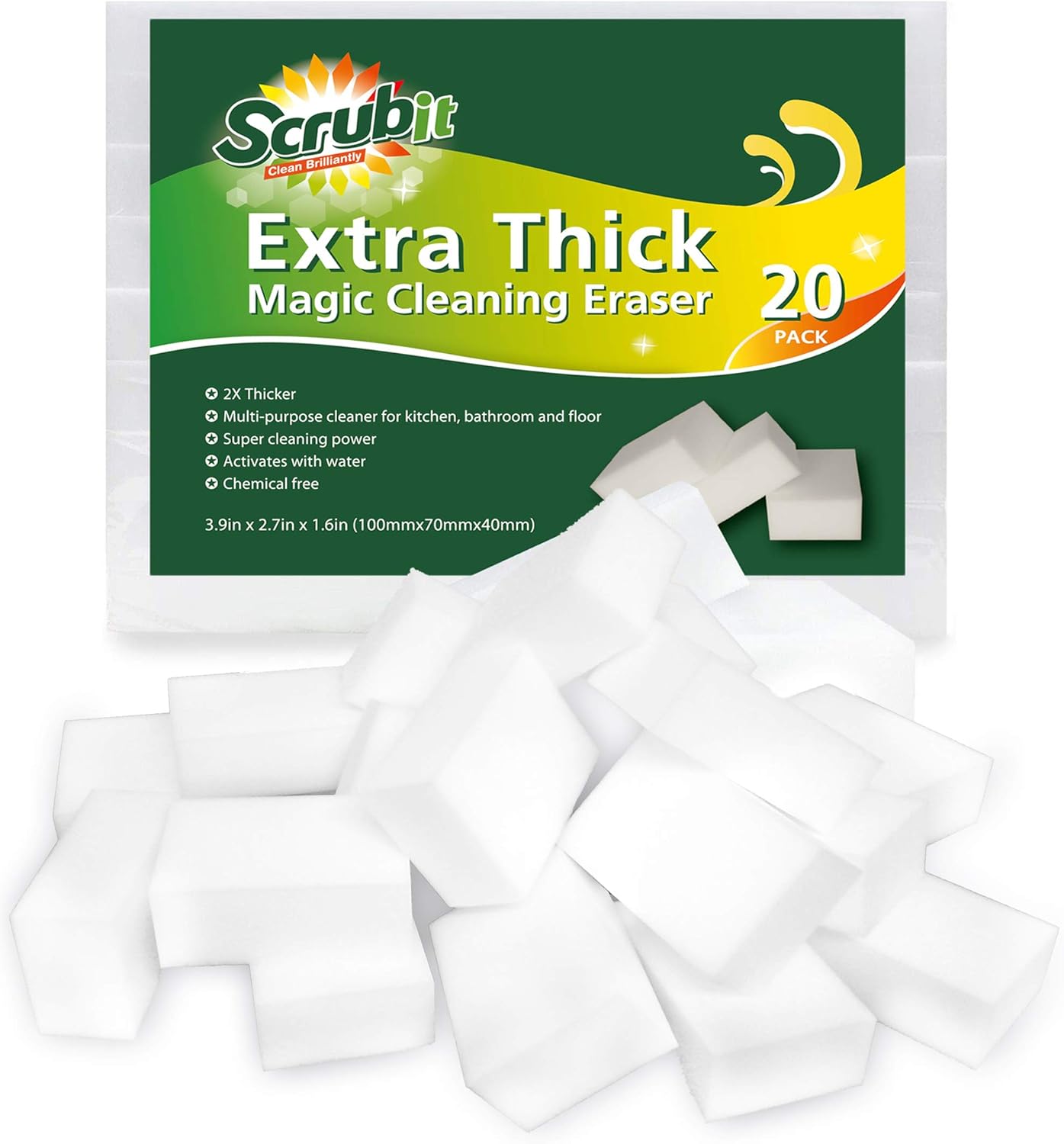 (20 Pack) Extra Thick Magic Sponge Eraser by SCRUBIT- Kitchen, Bathroom, Floor and Wall Cleaner - Miracle Melamine Cleaning Sponges- Durable Long Lasting Foam Scrubbing Pads for Tough Stains and Dirt