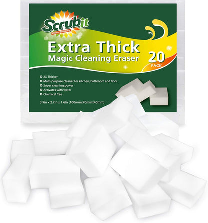 (20 Pack) Extra Thick Magic Sponge Eraser by SCRUBIT- Kitchen, Bathroom, Floor and Wall Cleaner - Miracle Melamine Cleaning Sponges- Durable Long Lasting Foam Scrubbing Pads for Tough Stains and Dirt