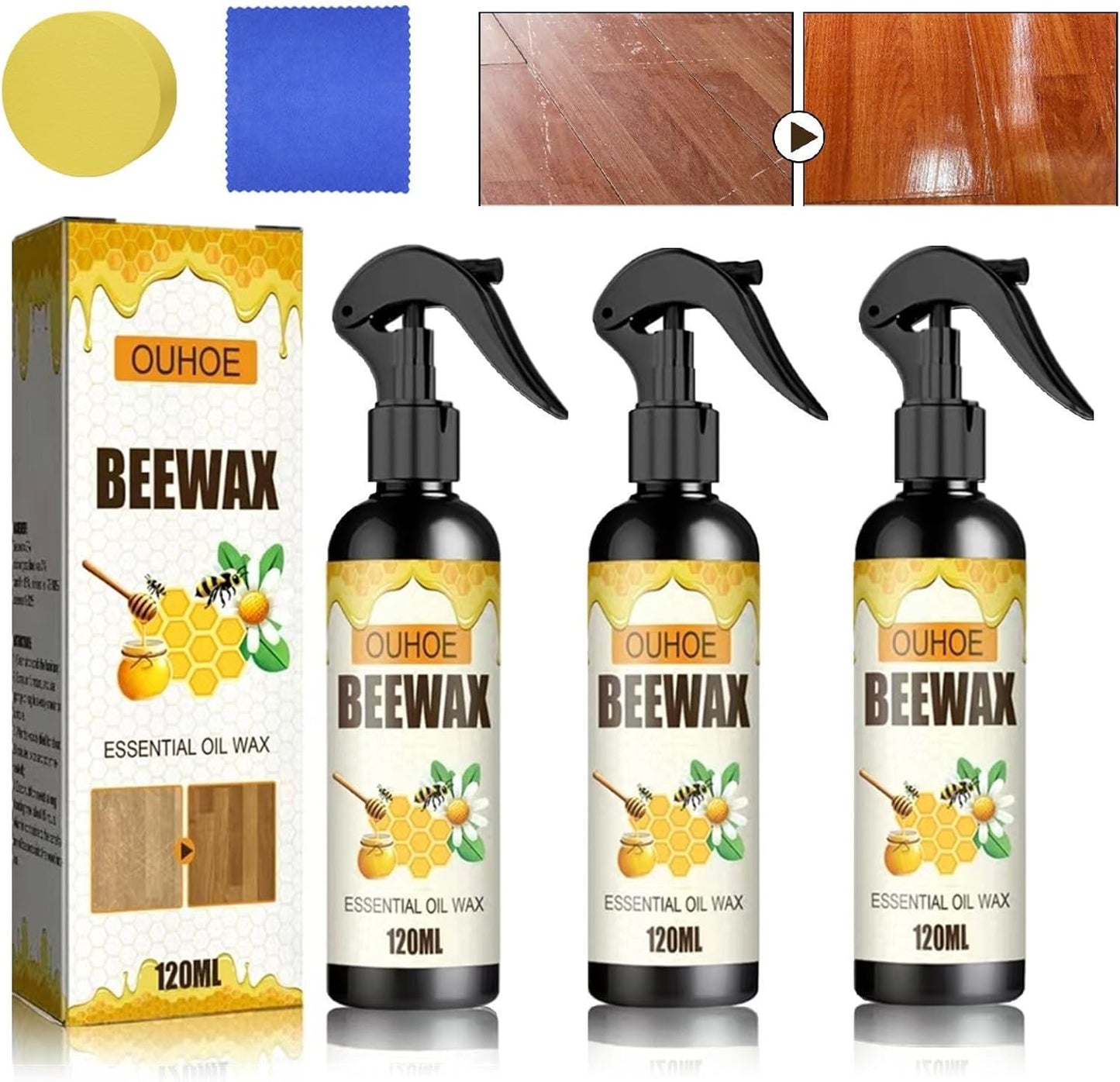 3 Pcs Natural Beeswax Spray, Bees Wax Furniture Polish And Cleaner, Beeswax Wood Polish,For Living Room Kitchen And Wooden Furniture Floors.(360ML)