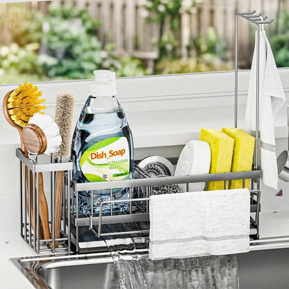 Sponge Holder for Kitchen Sink – Rustproof Stainless Steel with Detachable Drainboard, Brush Rack & Towel Bar | Compact, Non-Slip Design for Countertop Bathroom