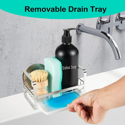 TEZZ Sponge Holder for Kitchen Sink- Stainless Steel Kitchen Sink Caddy for Organizing Sponge, Brush & Soap Dish Dispenser, coutertop Organizer Rack with Adhesive or Counter top, Black