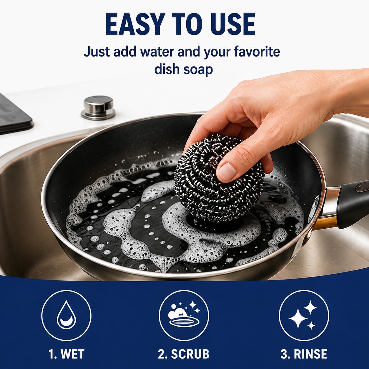 Stainless Steel Scrubber Balls 3 Pack, Heavy Duty Steel Wool Scouring Pads for Pots, Pans, Sink & Grill, Rust Resistant Kitchen Cleaning Scrubbers, Long Lasting (3)