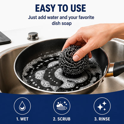 Stainless Steel Scrubber Balls 3 Pack, Heavy Duty Steel Wool Scouring Pads for Pots, Pans, Sink & Grill, Rust Resistant Kitchen Cleaning Scrubbers, Long Lasting (3)