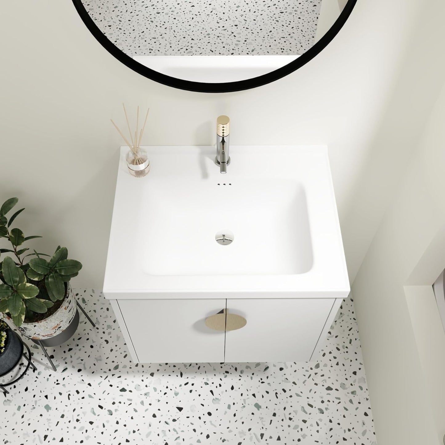 SSLine Modern 24-Inch Bathroom Vanity with Sink Wall Mounted Bathroom Vanity with Top Basin & Storage Cabinet White Wood Floating Vanity w/Ceramic Sink & Gold/Black Handles for Small Space