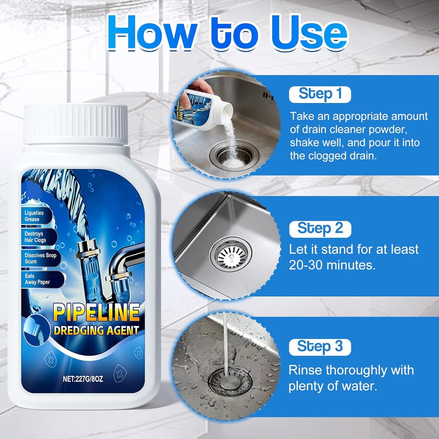 Strong Drain Cleaner for Kitchen, 2026 New Pipeline Dredging Agent, Fast Powerful Unclog Sink Drain Cleaner, Powerful Grease Dissolver for Bathroom, Pipe Cleaning Solution for Homeowner (1pcs)