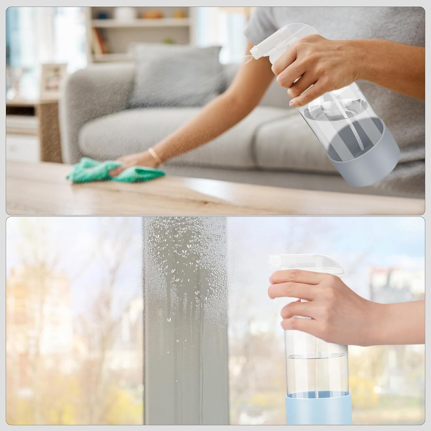 Worldgsb 2 Pack Glass Spray Bottles with Silicone Sleeve, 16 oz Empty Refillable Containers with Adjustable Spray Nozzles, Spray Bottles for Hair, Cleaning Solutions and Plants Blue&Grey