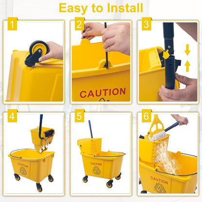 Kefanta 35 Qt Side Press Wringer Combo Commercial Mop Bucket on Wheels Set,Yellow,Include 1 Heavy Duty Industrial Mop for Floor Cleaning and Wet Floor Caution Sign
