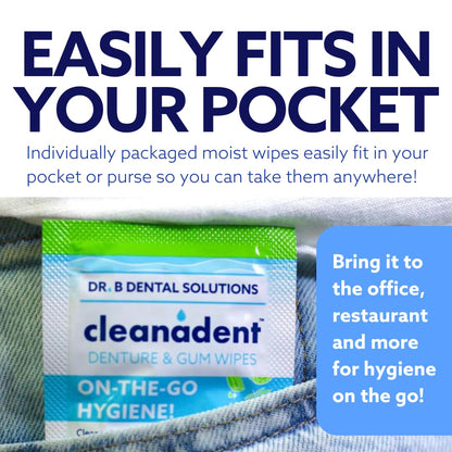 Dr. B Dental Solutions Cleanadent Wipes - Convenient Denture Cleaning Wipes, Refreshes Gums, No Artificial Colors/Flavors - 30 Count