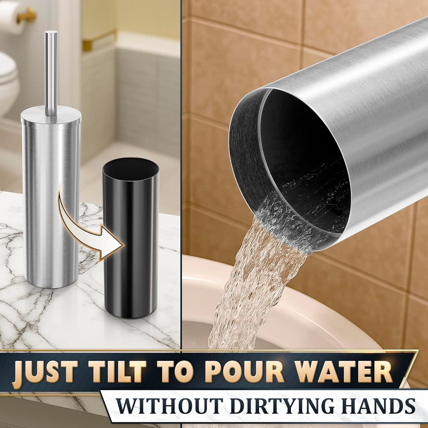 Stylish Stainless Steel Toilet Brush and Holder Set - Silver Toilet Bowl Brush and Holder with Splash Cover, Sturdy Bristles, Corrosion & Scratch Resistant - Elegant Design, Effective Deep Cleaning