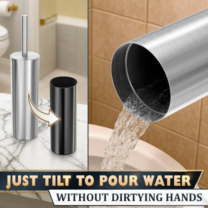 Stylish Stainless Steel Toilet Brush and Holder Set - Silver Toilet Bowl Brush and Holder with Splash Cover, Sturdy Bristles, Corrosion & Scratch Resistant - Elegant Design, Effective Deep Cleaning