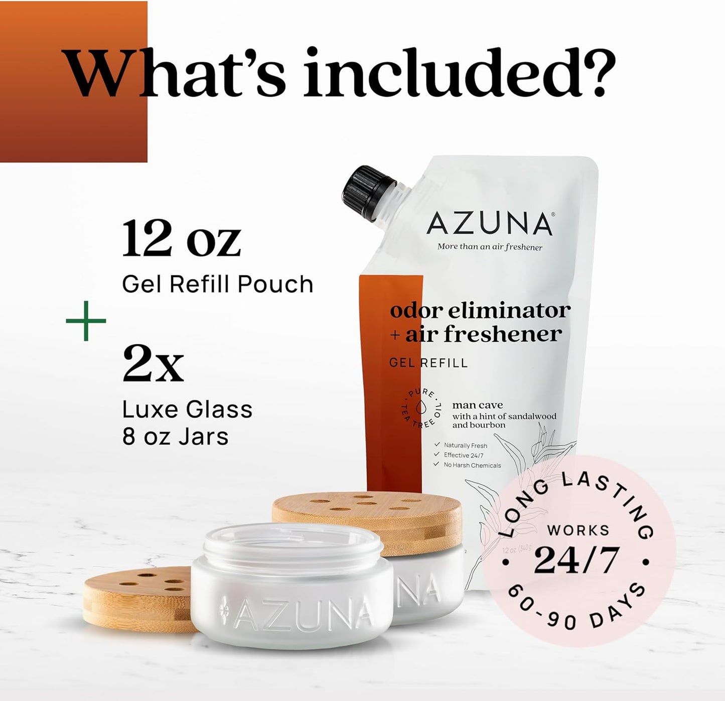 Azuna Air Freshener & Odor Eliminator for Strong Odor | 2 Room Kit Includes (2) 8 oz. Empty Luxe Glass Jars & 12 oz | Refill with Tea Tree Essential Oil Gel | Amalfi Breeze | Last 60-90 Days