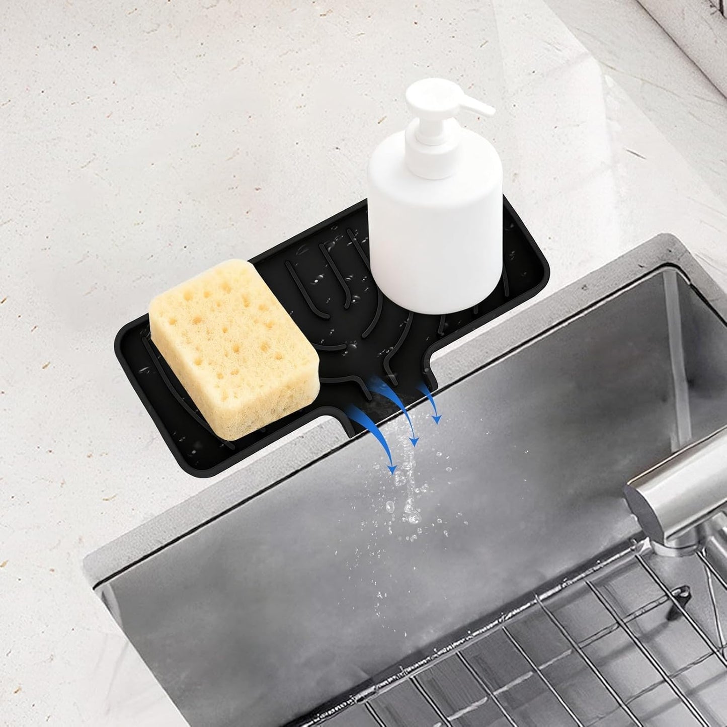 JACZZO Silicone Sponge Holder for Kitchen Sink With Drain Spout, Self Draining, Kitchen Soap Tray, Bathroom Organizer, Sink Caddy (Grey, 10×4)