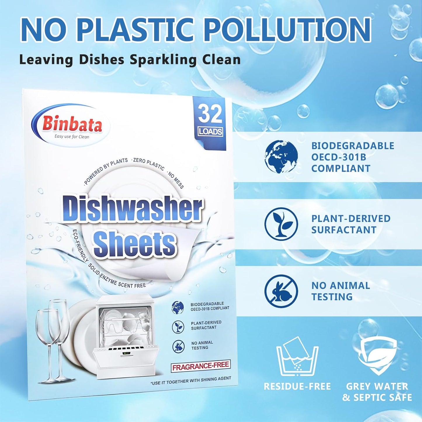 Binbata Eco Dishwasher Detergent Sheets Up To 160 Loads, Unscented Plastic Free Dishwashing Soap Strips With High Efficient Solid Enzyme, Leaving Dishes Sparkling Clean