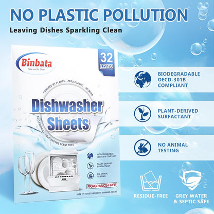 Binbata Eco Dishwasher Detergent Sheets Up To 160 Loads, Unscented Plastic Free Dishwashing Soap Strips With High Efficient Solid Enzyme, Leaving Dishes Sparkling Clean